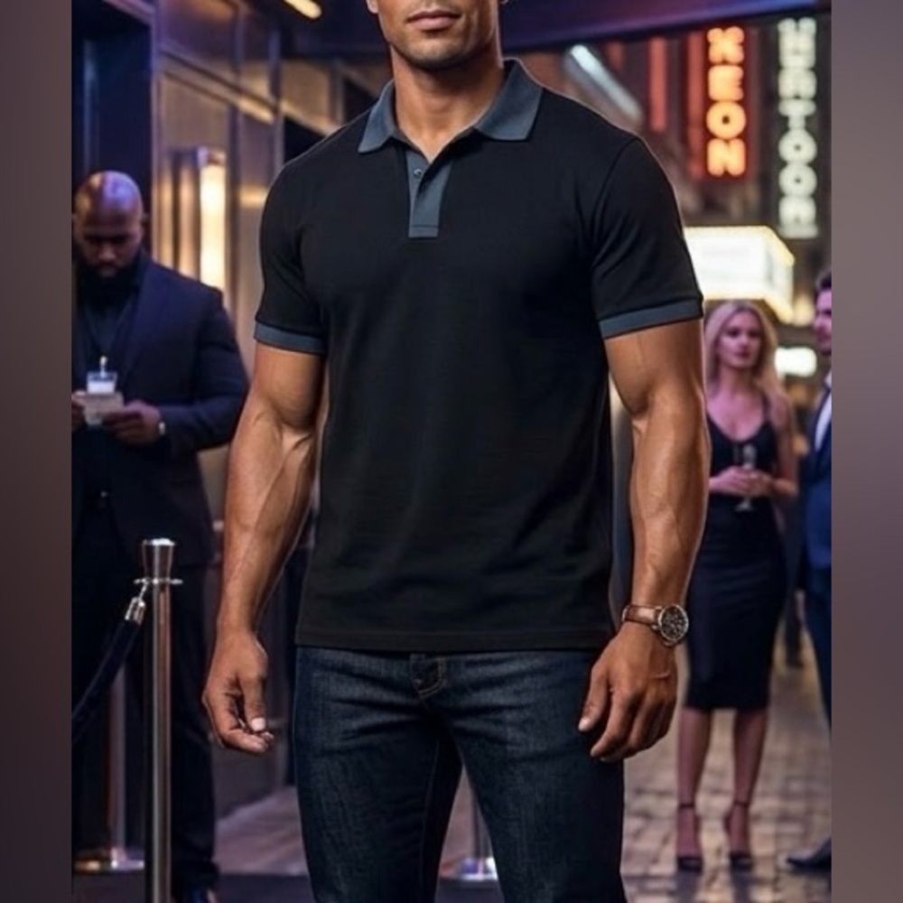 Zara Men’s Contrast Collar Polo - Black & Dark Gray - Size L